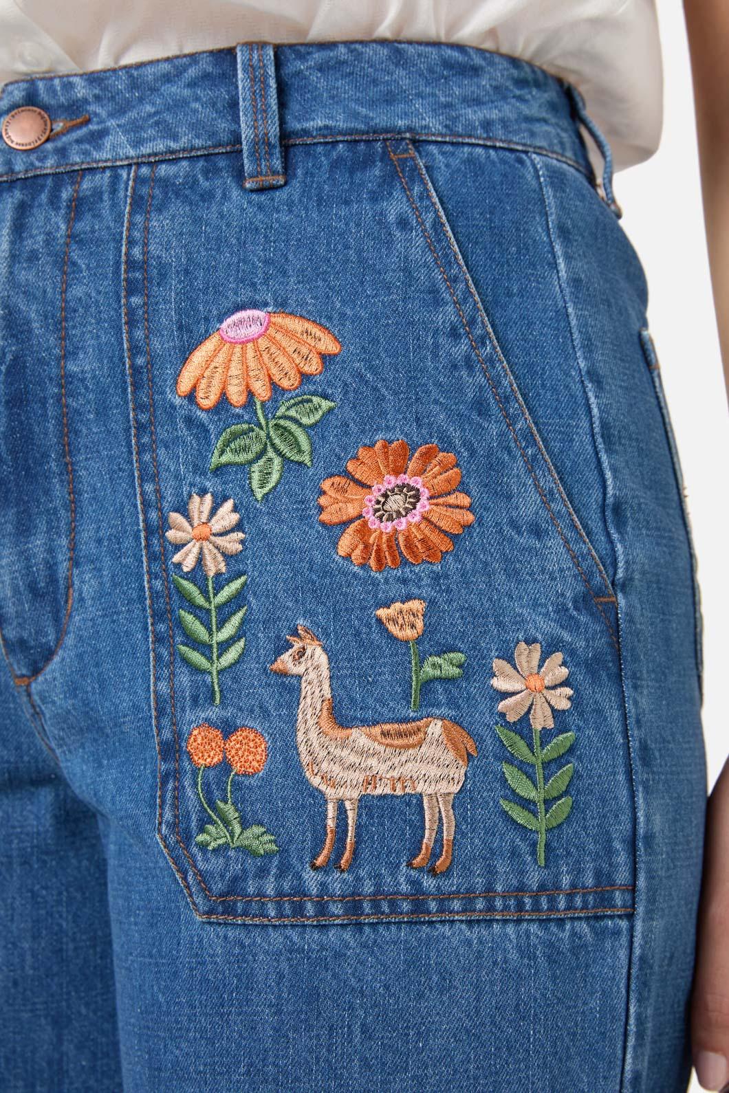 Llama Embroidered Denim Jean