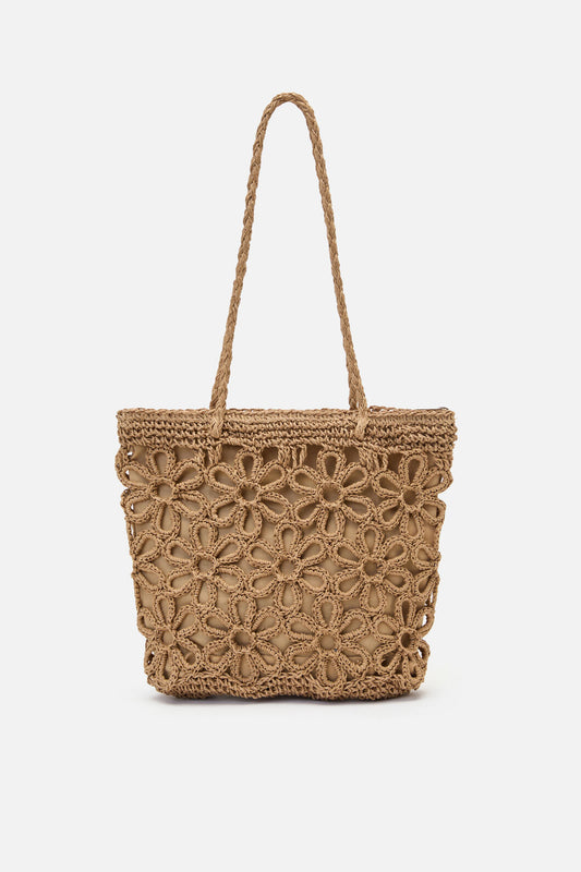 Tan Flower Straw Bag