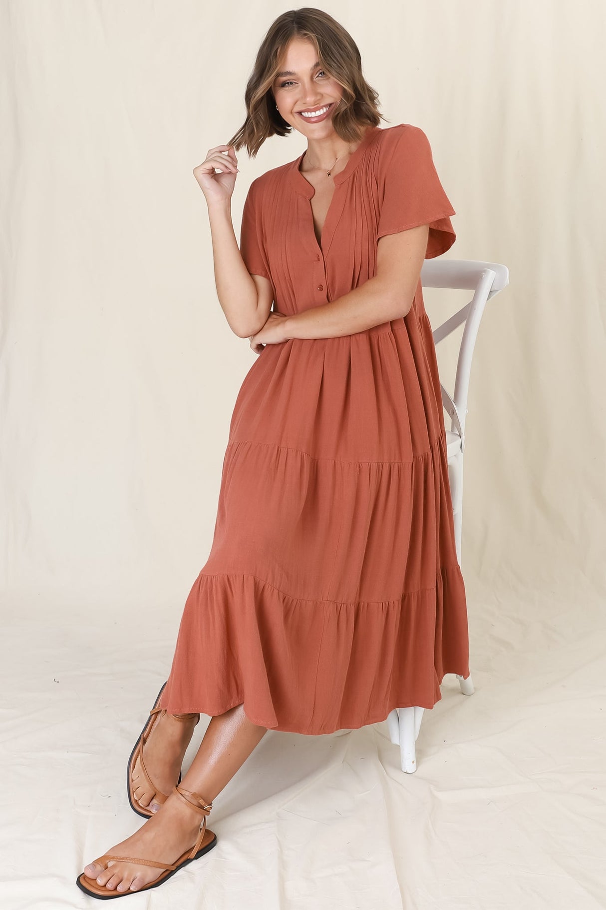 Peggy Midi Dress - Relaxed Mandarin Collar Pleated Bust Tiered Linen Dress In Rust