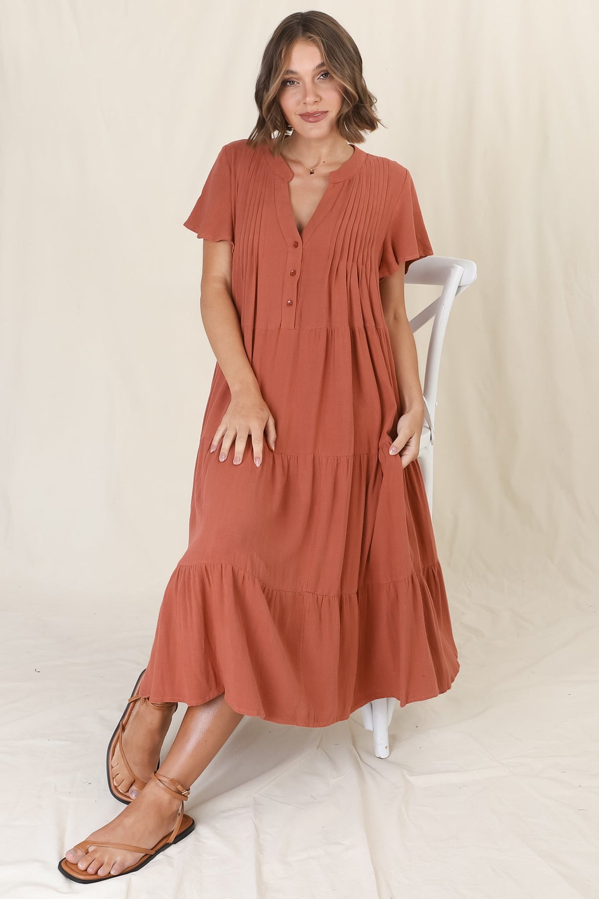 Peggy Midi Dress - Relaxed Mandarin Collar Pleated Bust Tiered Linen Dress In Rust