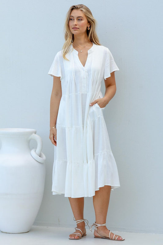 Peggy Midi Dress - Relaxed Mandarin Collar Pleated Bust Tiered Linen Dress In White