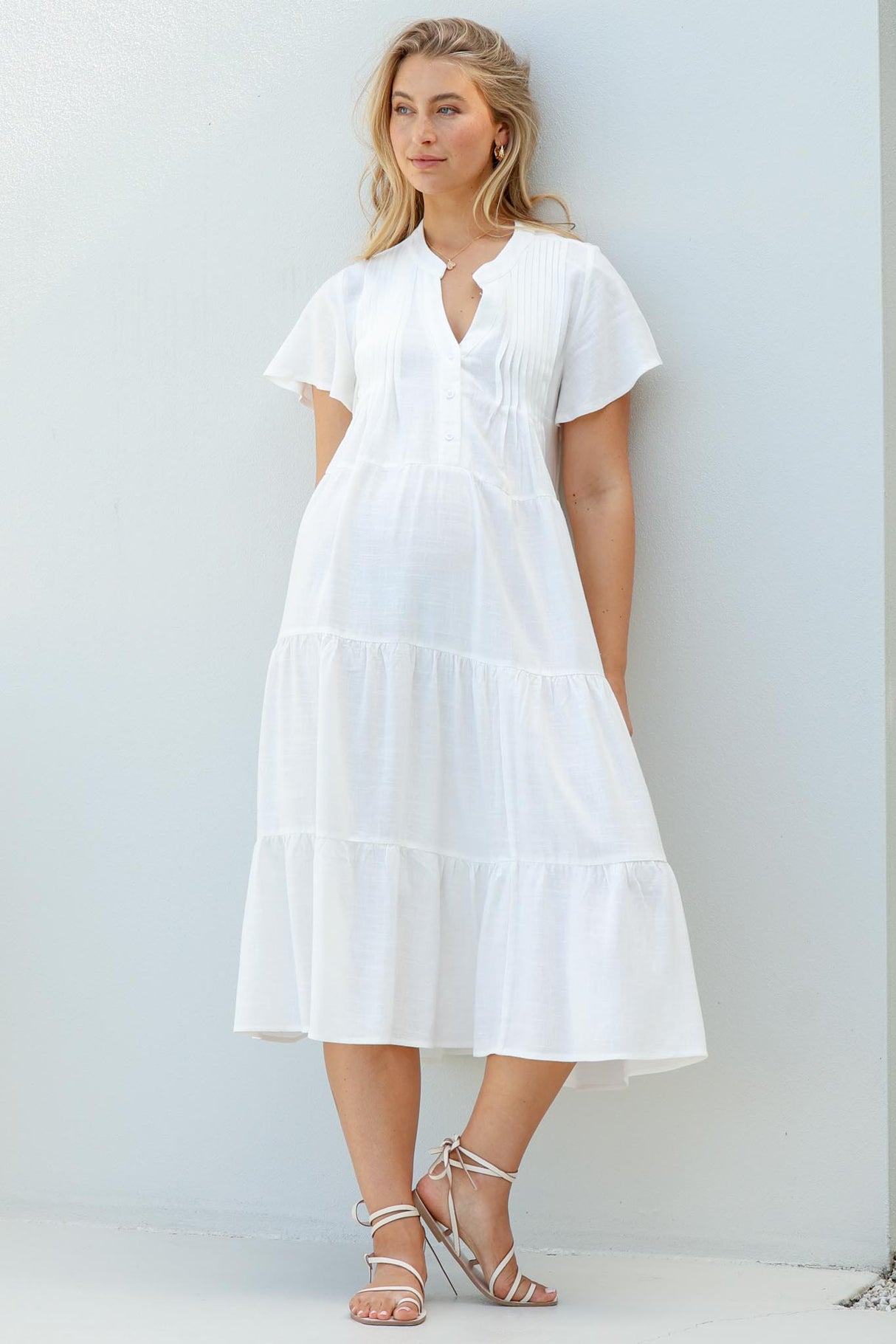Peggy Midi Dress - Relaxed Mandarin Collar Pleated Bust Tiered Linen Dress In White