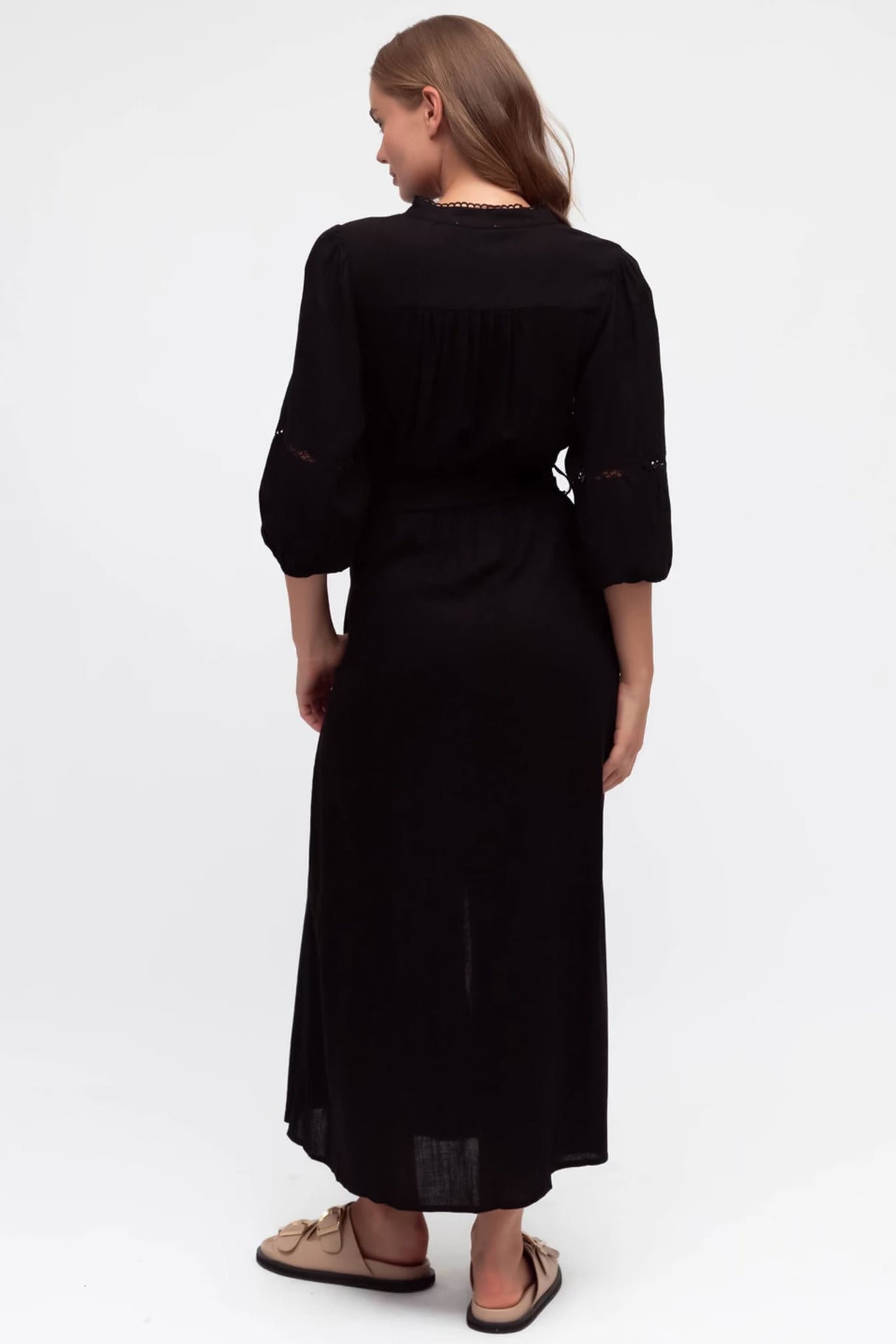 Pennelope Midi Dress - Mandarin Collar Lattice Detailing Dress With Belt In Black