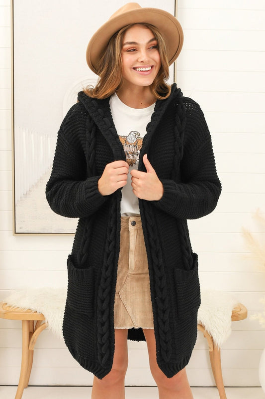 Toolara Cardigan - Thick Cable Knit Hooded Cardigan With Pocket In Black