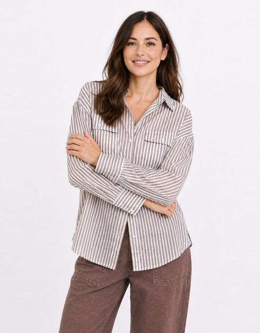 Preppy Pocket Front Shirt - Chocolate Stripe