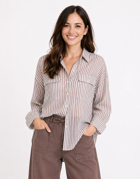 Preppy Pocket Front Shirt - Chocolate Stripe