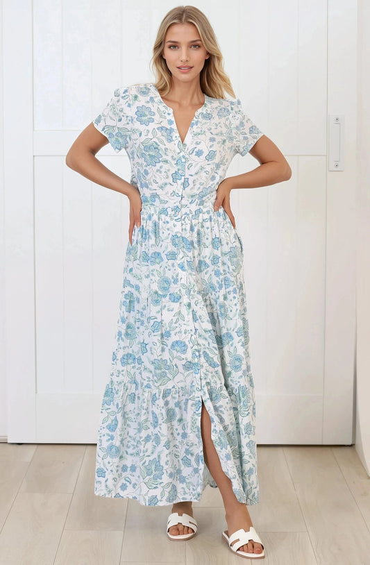 Riba Midi Dress - Button Down Tiered Dress With Cut Out Back In Makenna Print