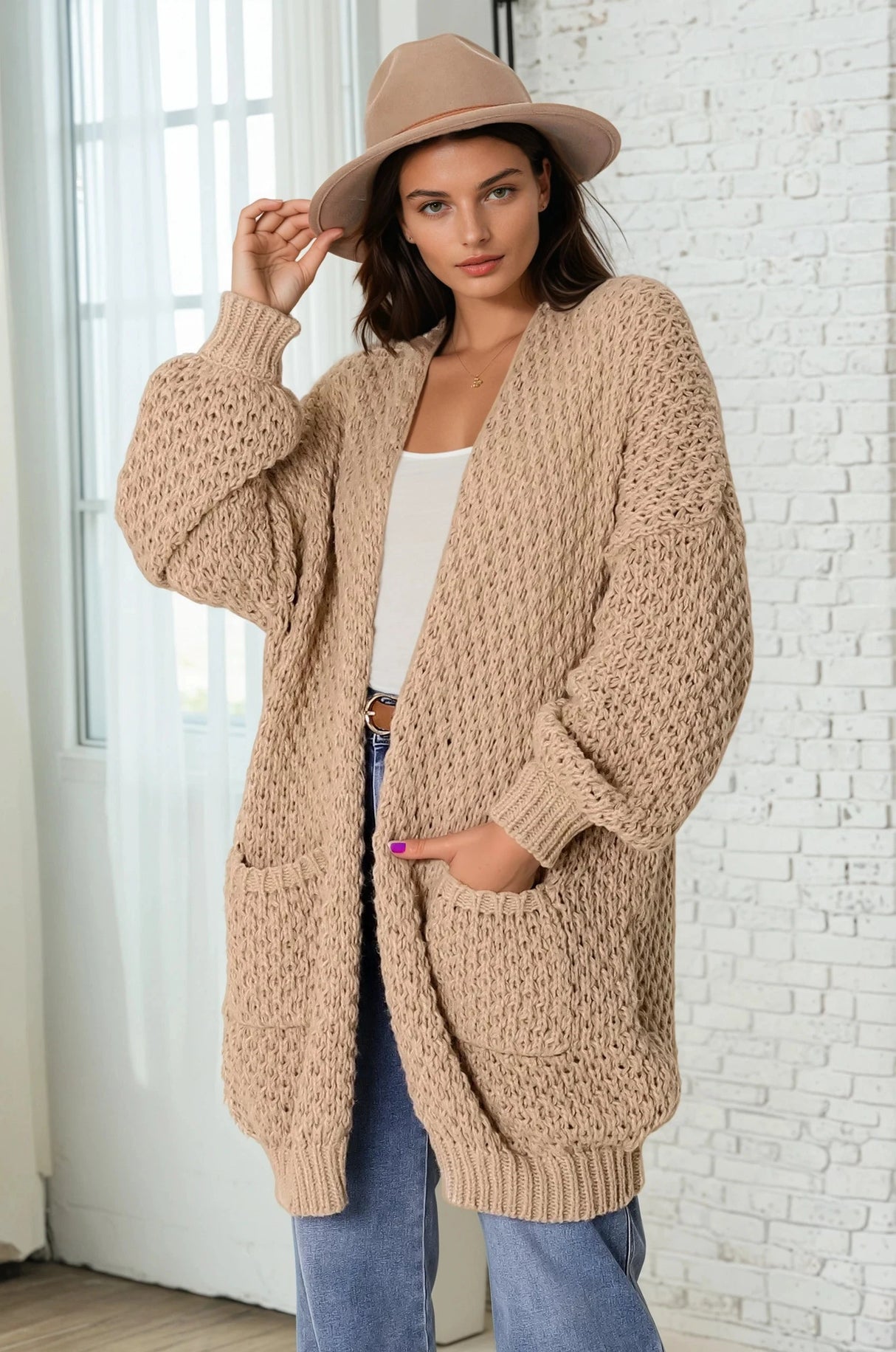 Ricki Cardigan - Open Front Chunky Knit Cardigan In Camel