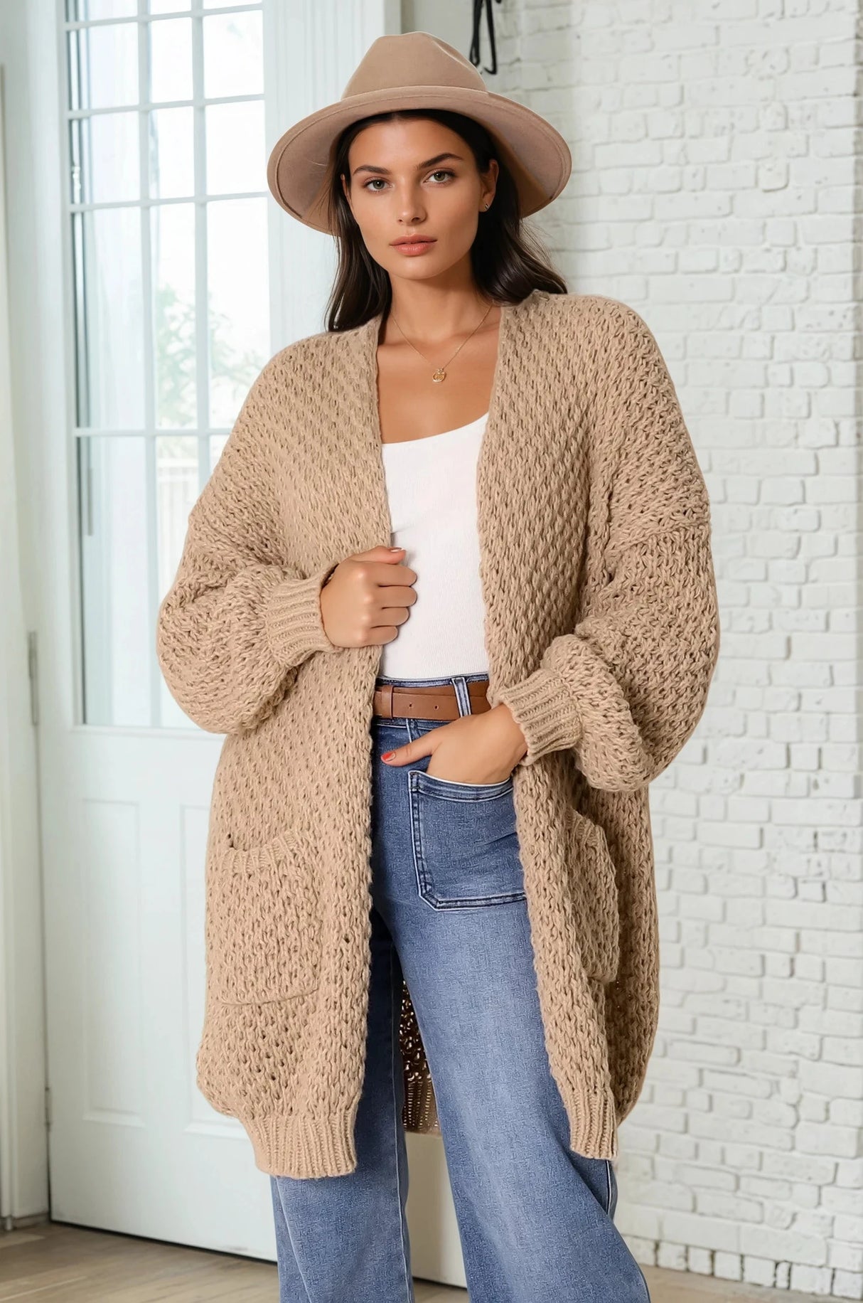 Ricki Cardigan - Open Front Chunky Knit Cardigan In Camel