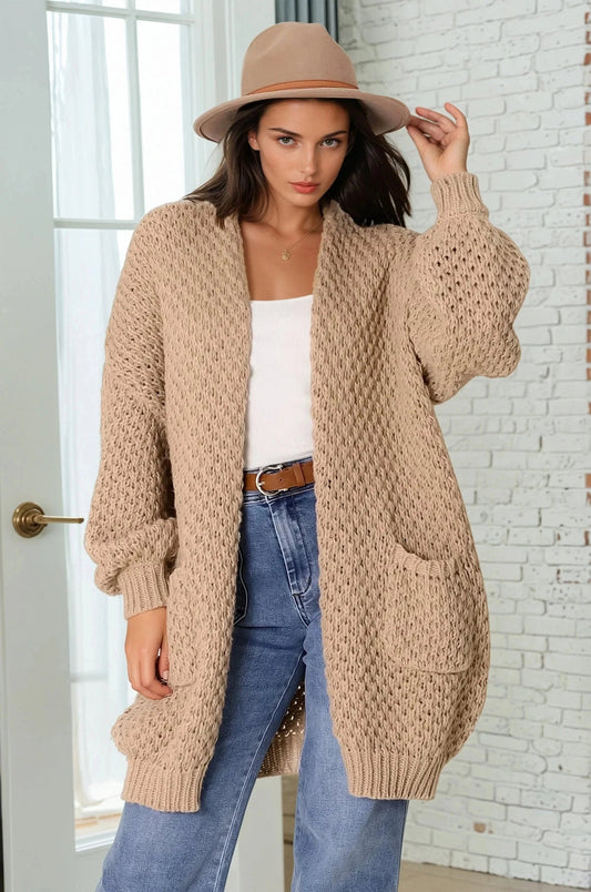 Ricki Cardigan - Open Front Chunky Knit Cardigan In Camel
