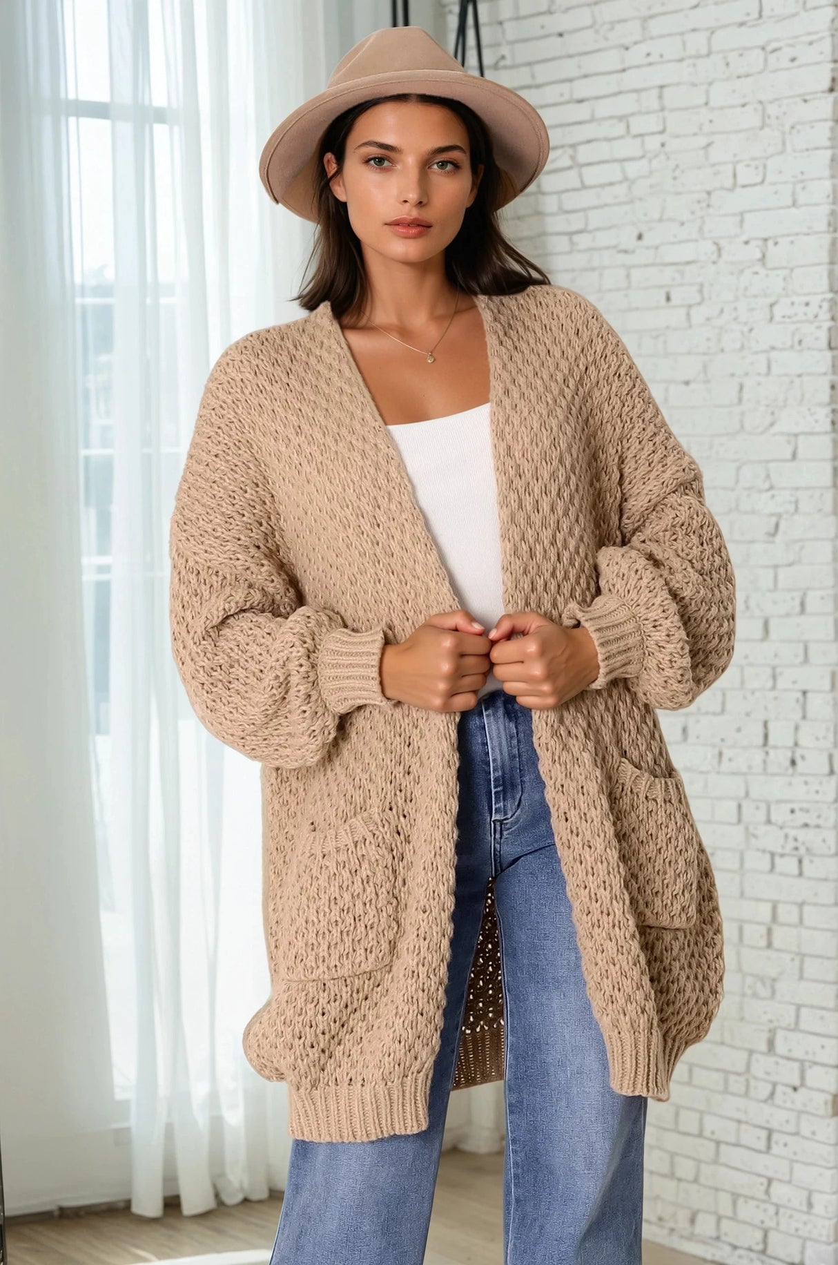 Ricki Cardigan - Open Front Chunky Knit Cardigan In Camel