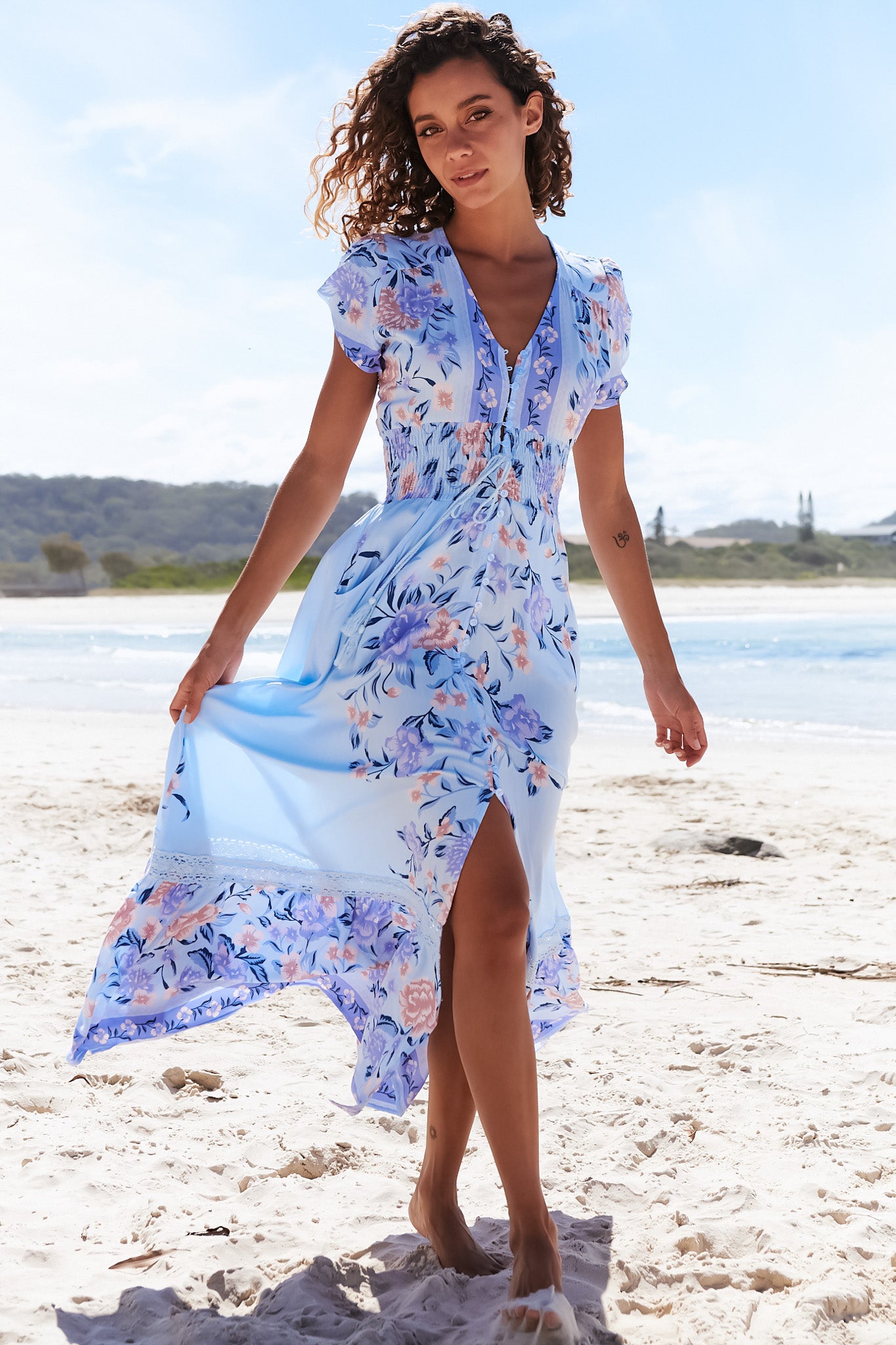 JAASE - Romi Maxi Dress: V Neck Cap Sleeve A-Line 
