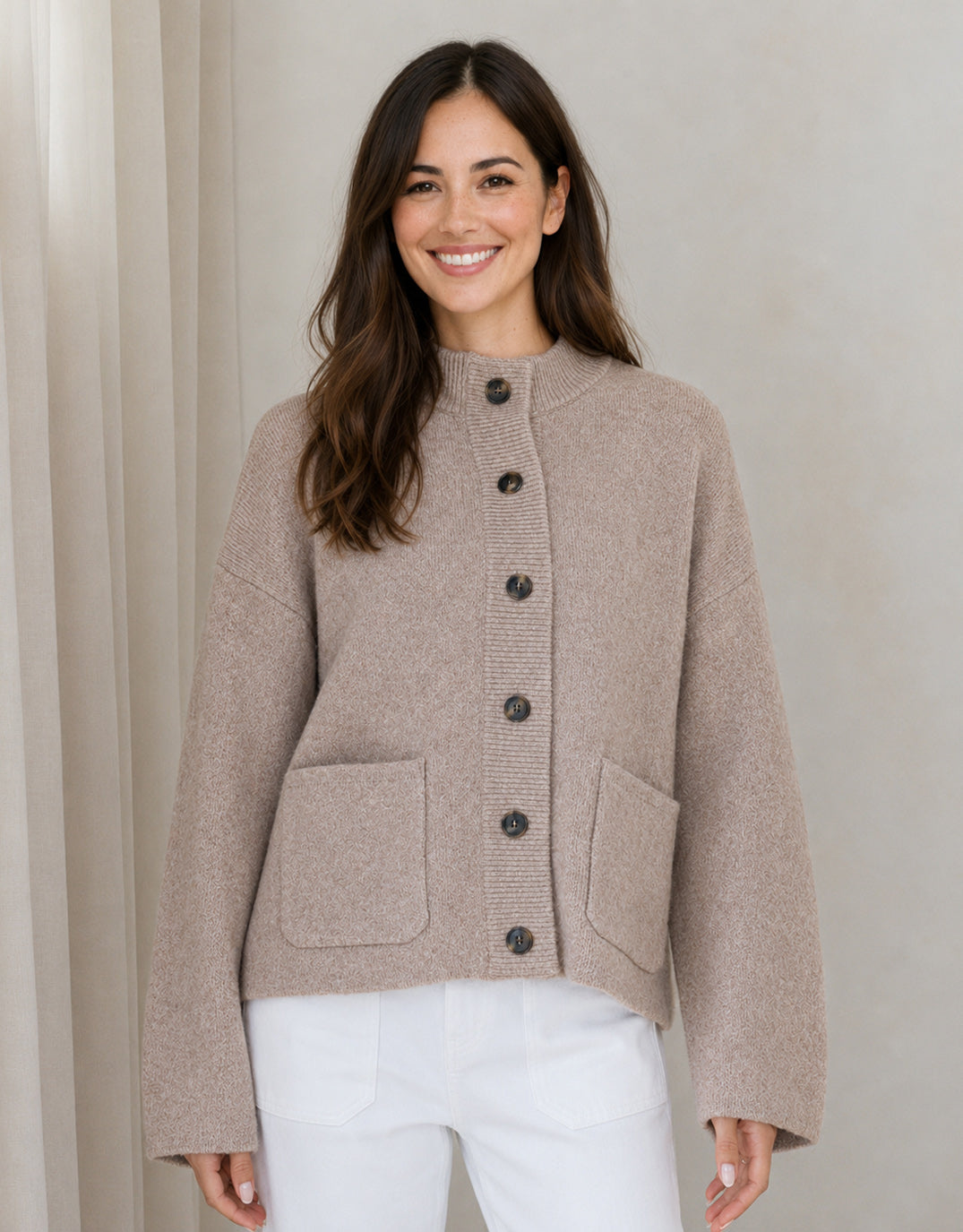 Romy Wool Blend Funnel Neck Cardigan - Warm Beige