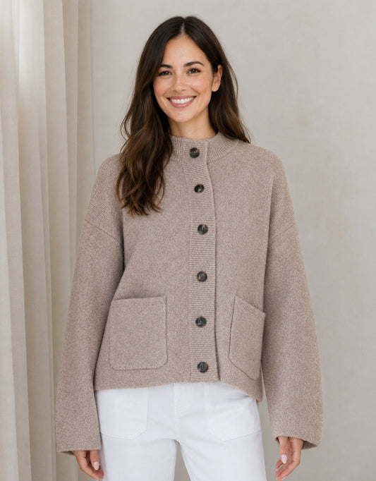 Romy Wool Blend Funnel Neck Cardigan - Warm Beige