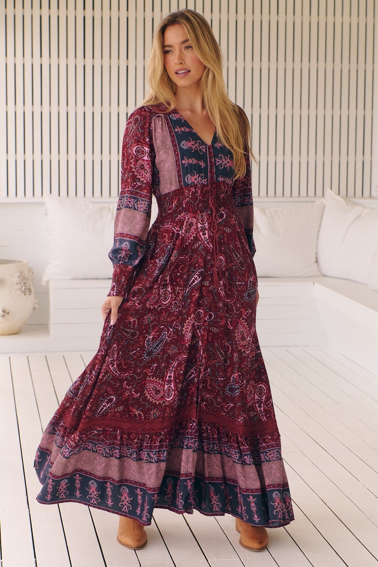 Jaase - Sabrina Maxi Dress: A Line Button Through Dress With Long Sleeves In Sadie Print