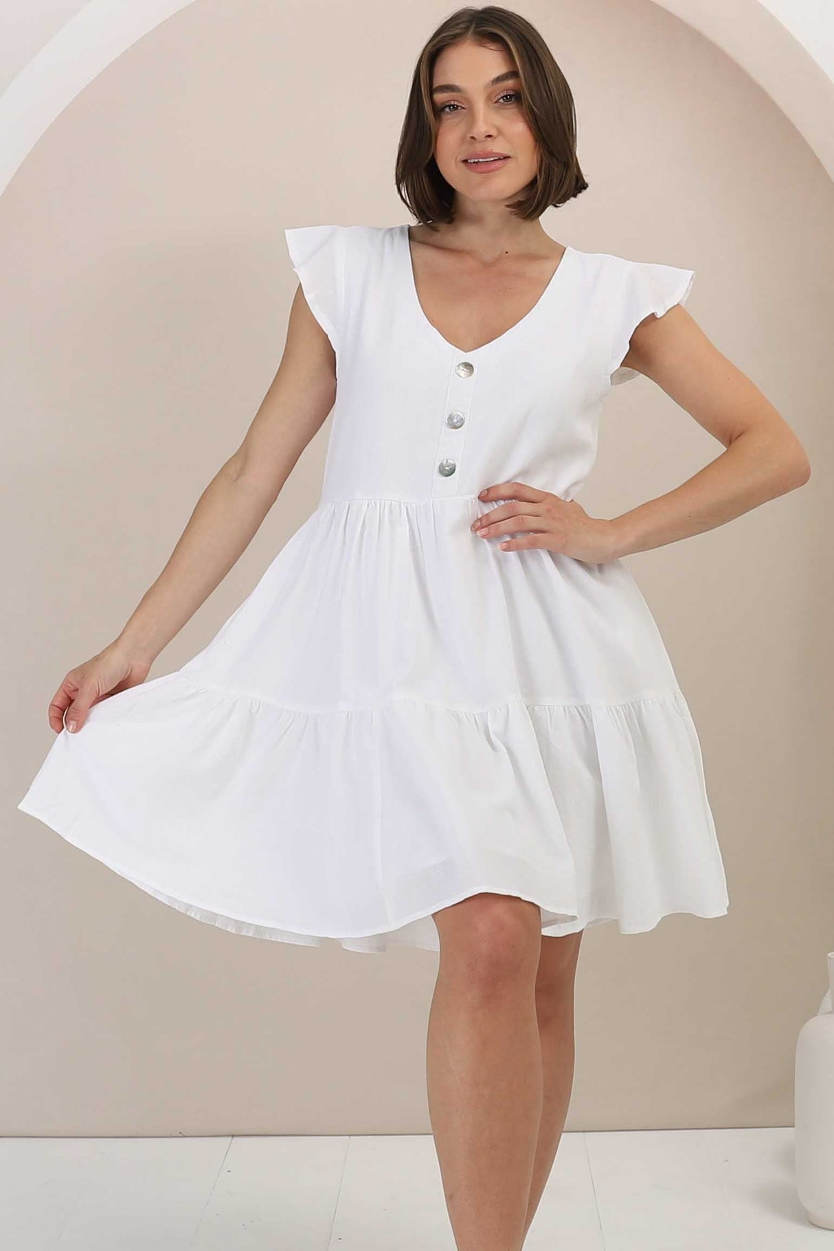 Sharie Mini Dress - Sweet Tiered Cap Sleeve Dress With Pockets In White