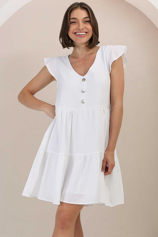 Sharie Mini Dress - Sweet Tiered Cap Sleeve Dress With Pockets In White