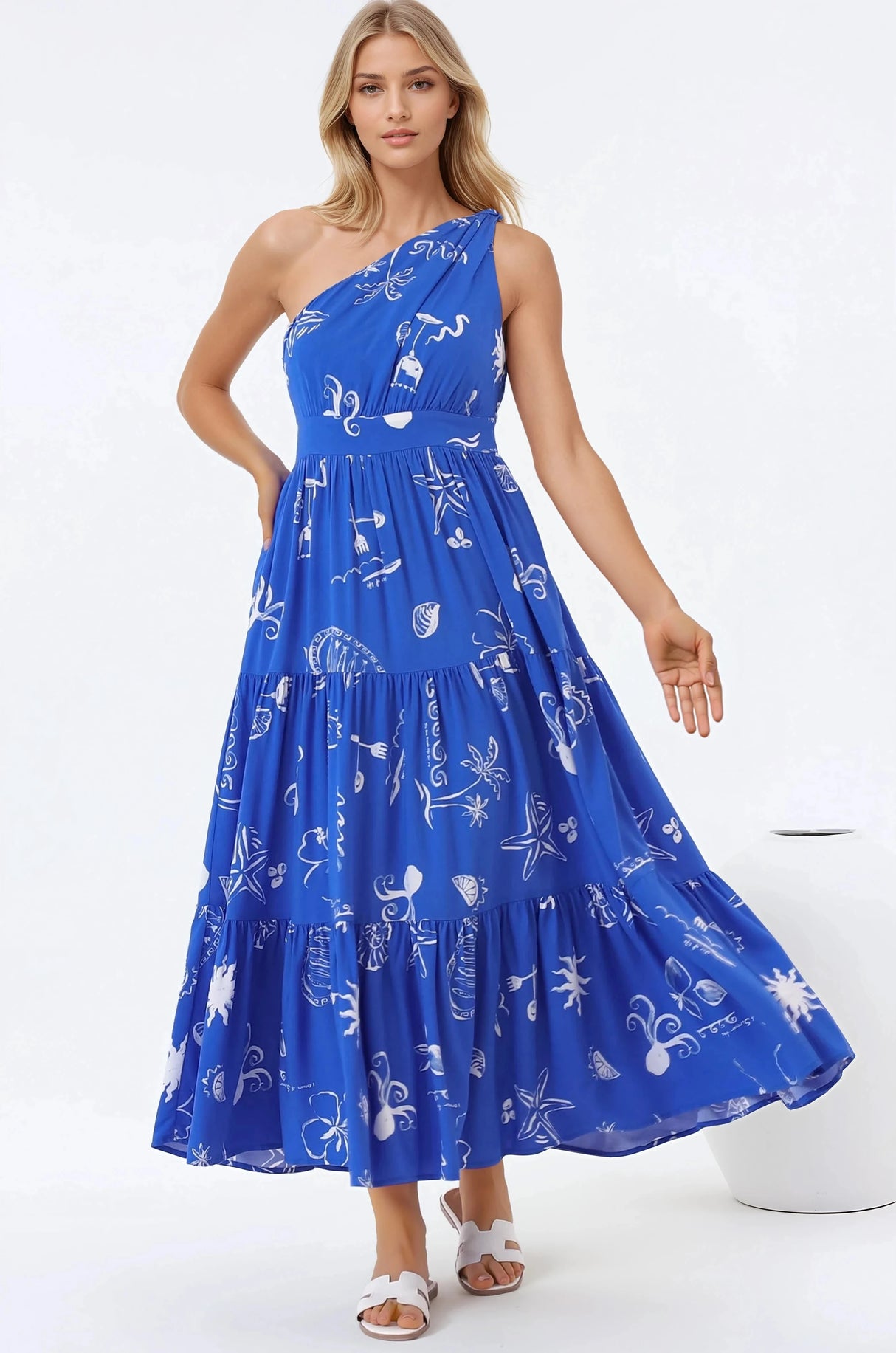 Solara Midi Dress - One Shoulder A-Line Midi Dress In Umiko Print