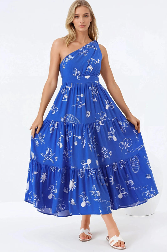 Solara Midi Dress - One Shoulder A-Line Midi Dress In Umiko Print