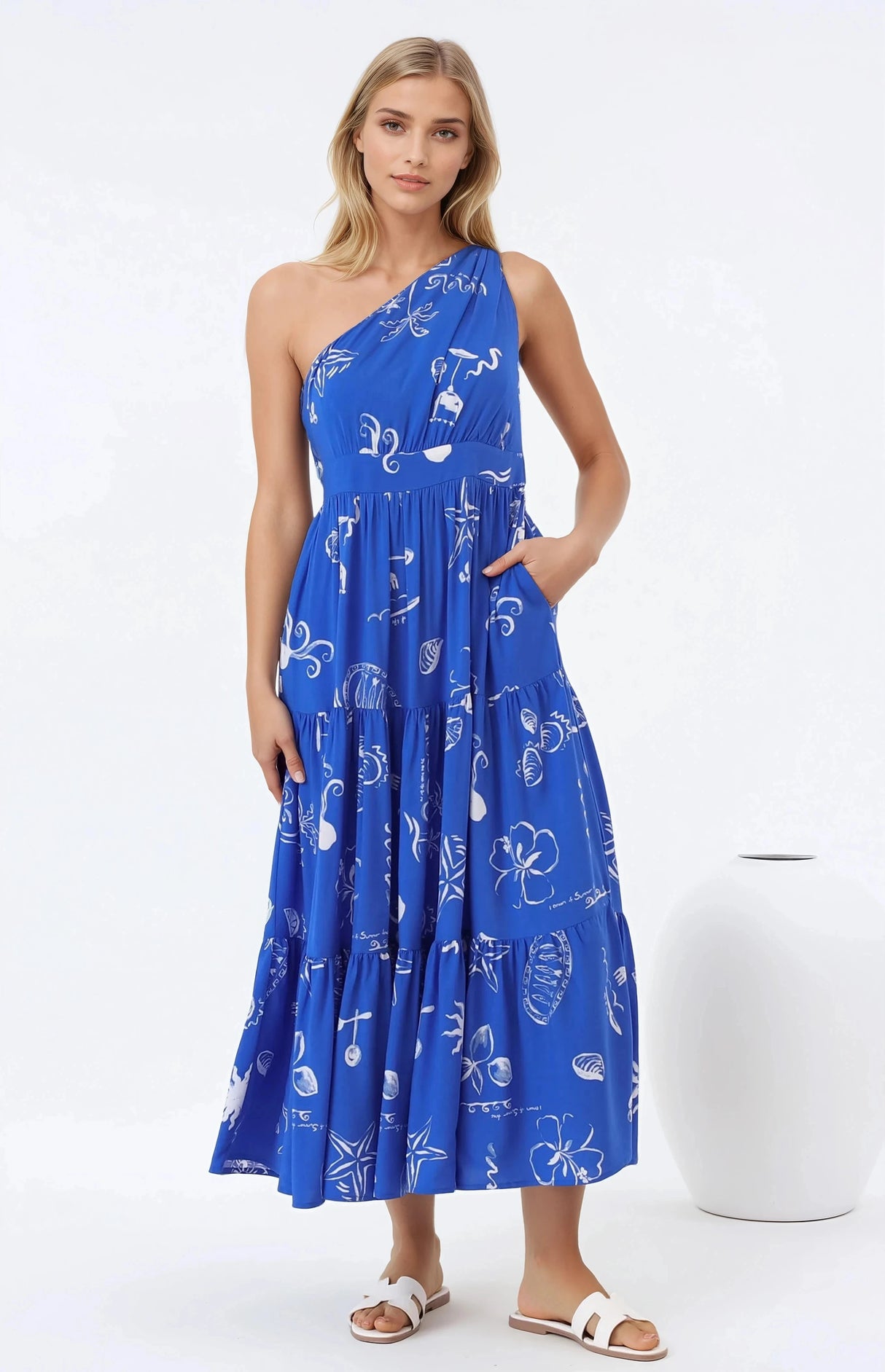 Solara Midi Dress - One Shoulder A-Line Midi Dress In Umiko Print