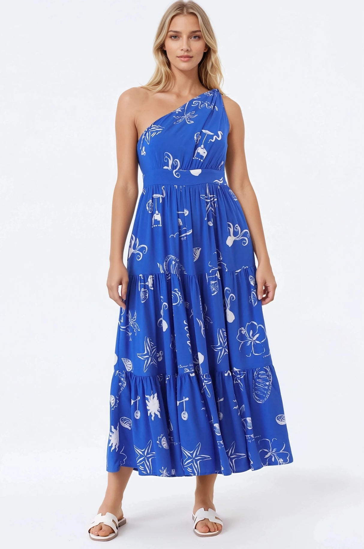 Solara Midi Dress - One Shoulder A-Line Midi Dress In Umiko Print