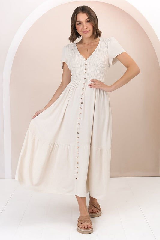Stephan Midi Dress - Cap Sleeve Tortoiseshell Button-Down Tiered Dress In Cream