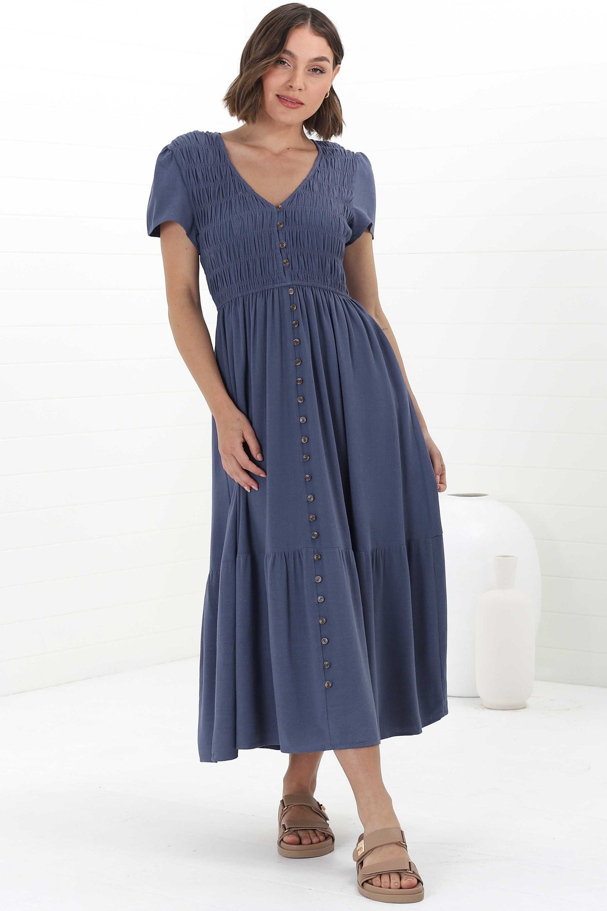 Stephan Midi Dress - Cap Sleeve Tortoiseshell Button-Down Tiered Dress In Navy