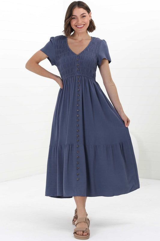 Stephan Midi Dress - Cap Sleeve Tortoiseshell Button-Down Tiered Dress In Navy