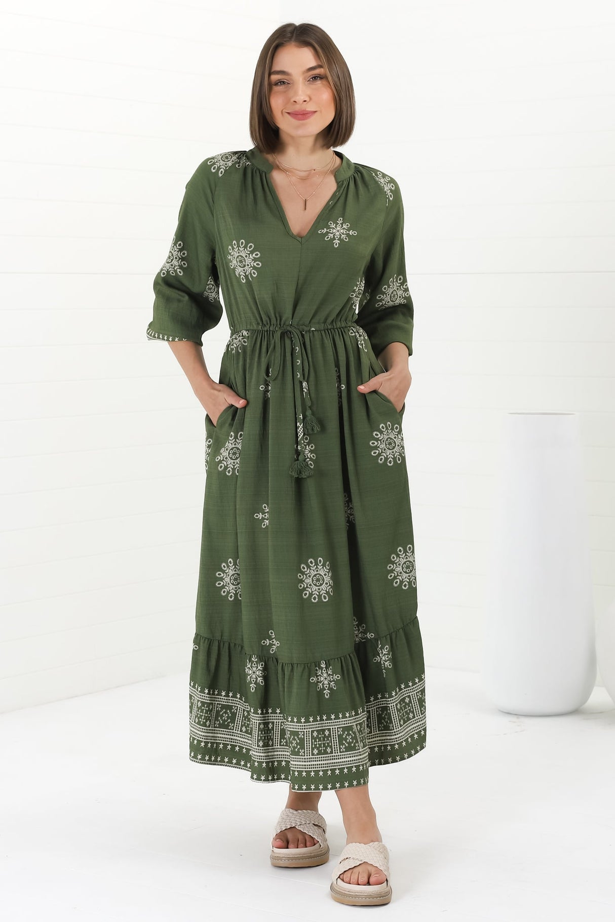 Sullivan Midi Dress - Mandarin Collar 3/4 Sleeve Dress With Pull Tie Waist In Lula Print Green