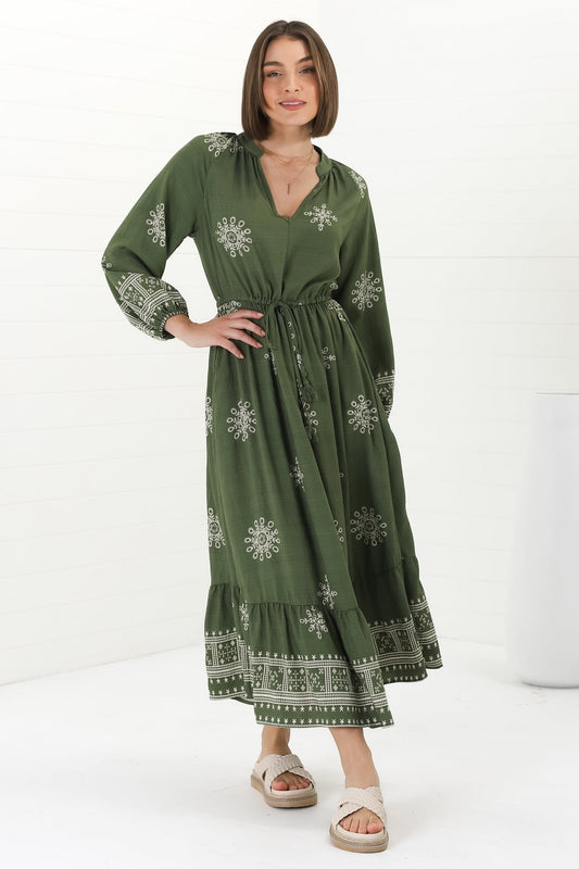Sullivan Midi Dress - Mandarin Collar 3/4 Sleeve Dress With Pull Tie Waist In Lula Print Green