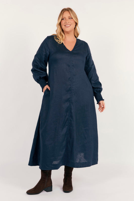 Tamara Long Sleeve Linen Dress in Navy