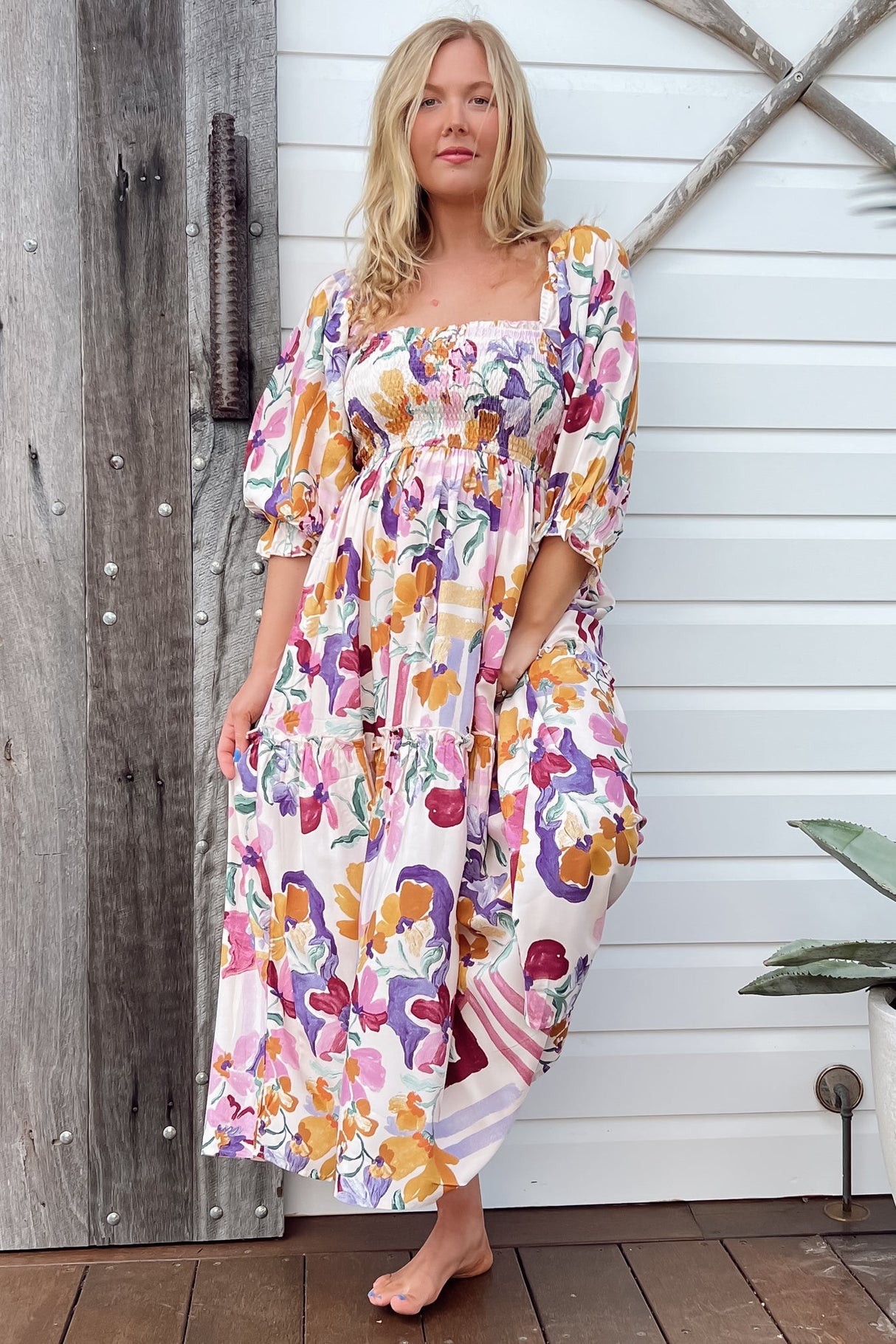 Jaase - Tulli Midi Dress: Shirred Bodice Balloon Sleeve Midi In Sweet Lily Print