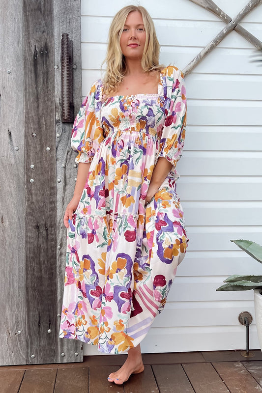 Jaase - Tulli Midi Dress: Shirred Bodice Balloon Sleeve Midi In Sweet Lily Print