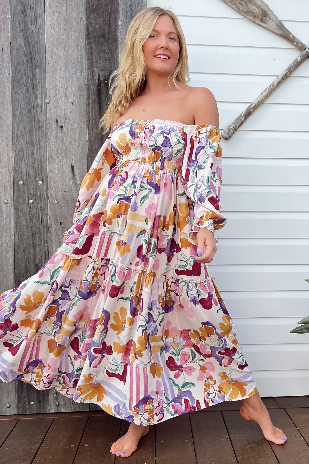 Jaase - Tulli Midi Dress: Shirred Bodice Balloon Sleeve Midi In Sweet Lily Print
