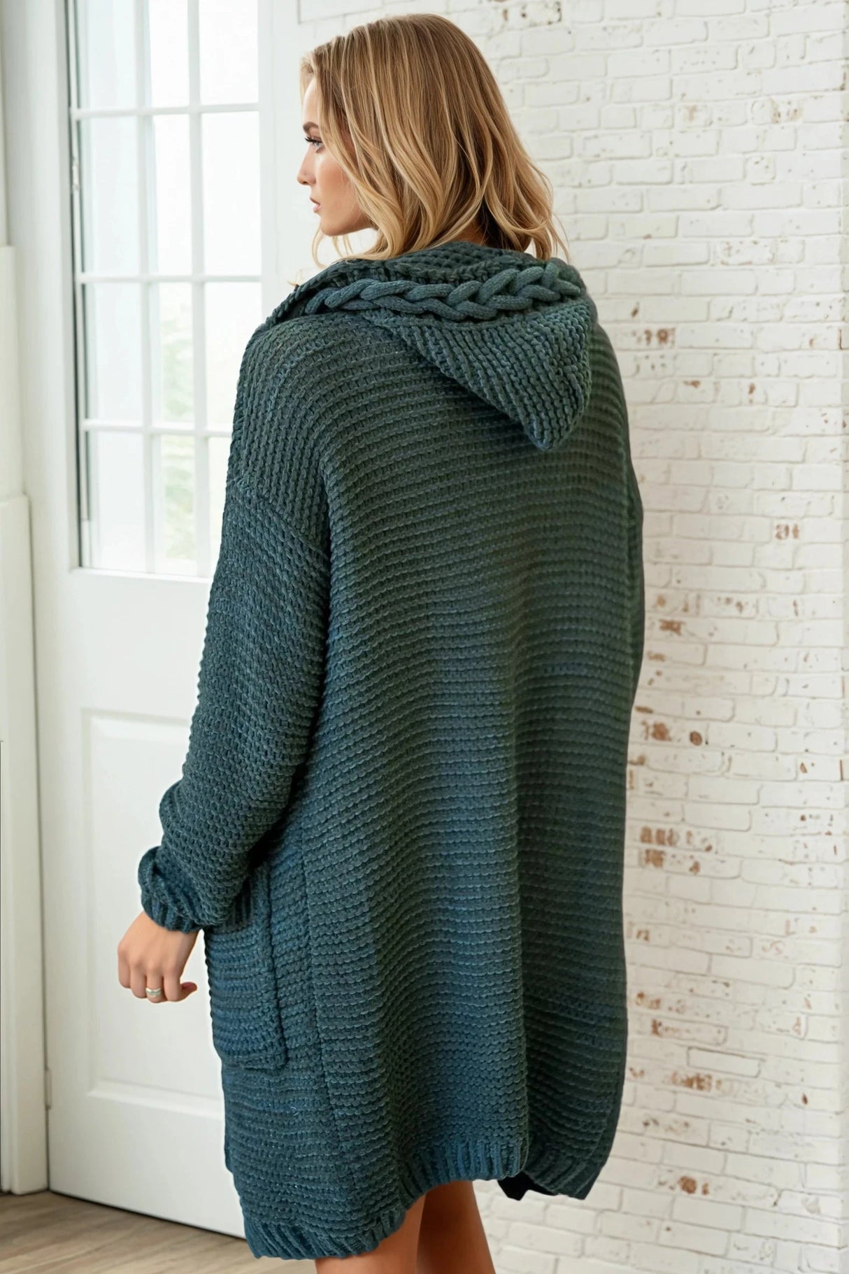Toolara Cardigan - Thick Cable Knit Hooded Cardigan With Pocket In Military Green