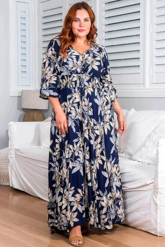 Frigg Maxi Dress - Buttoned Bodice A Line Dress With Flute Sleeves In Navy