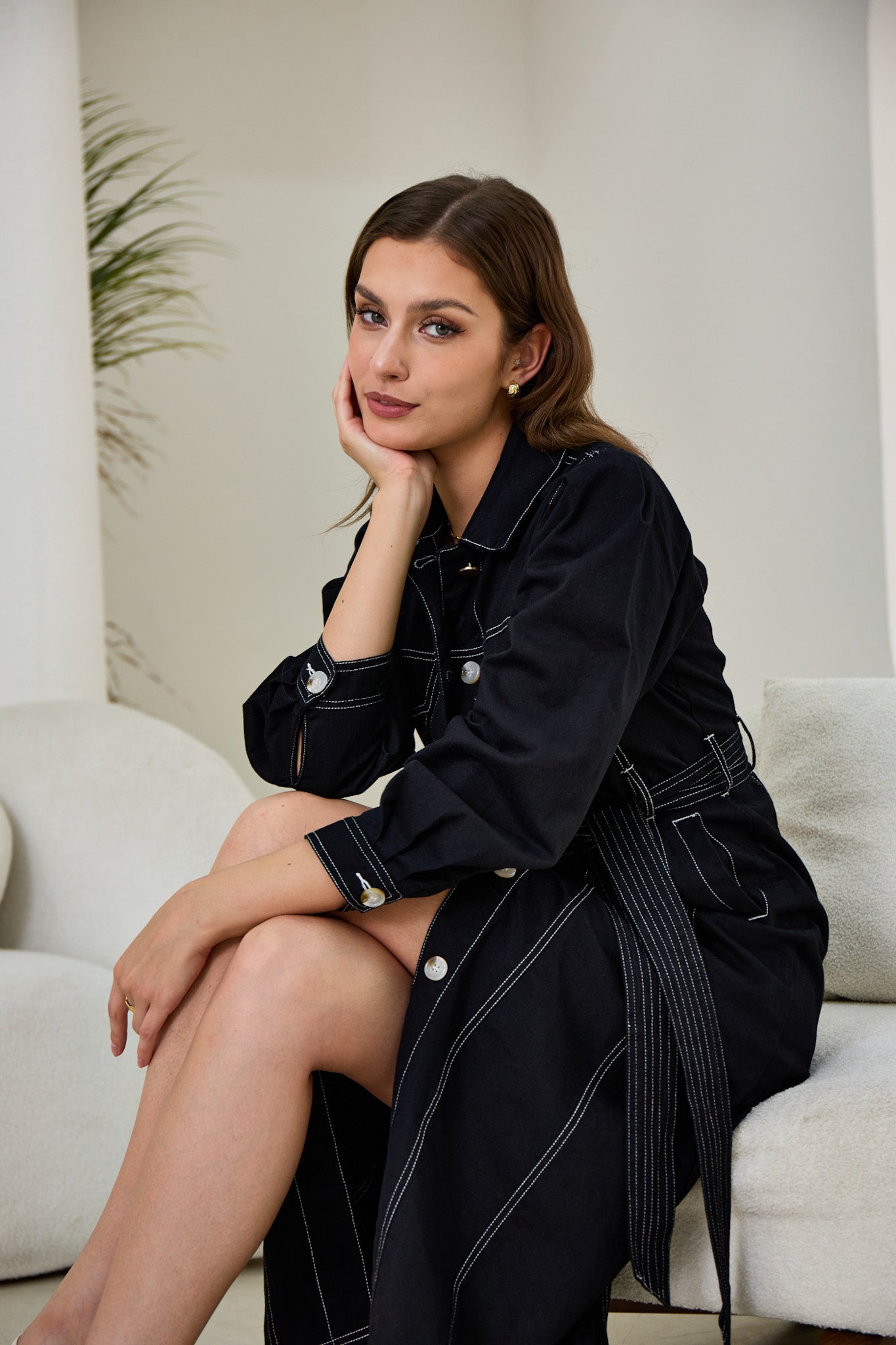 Cleo Black Button Down Belted Midi Dress