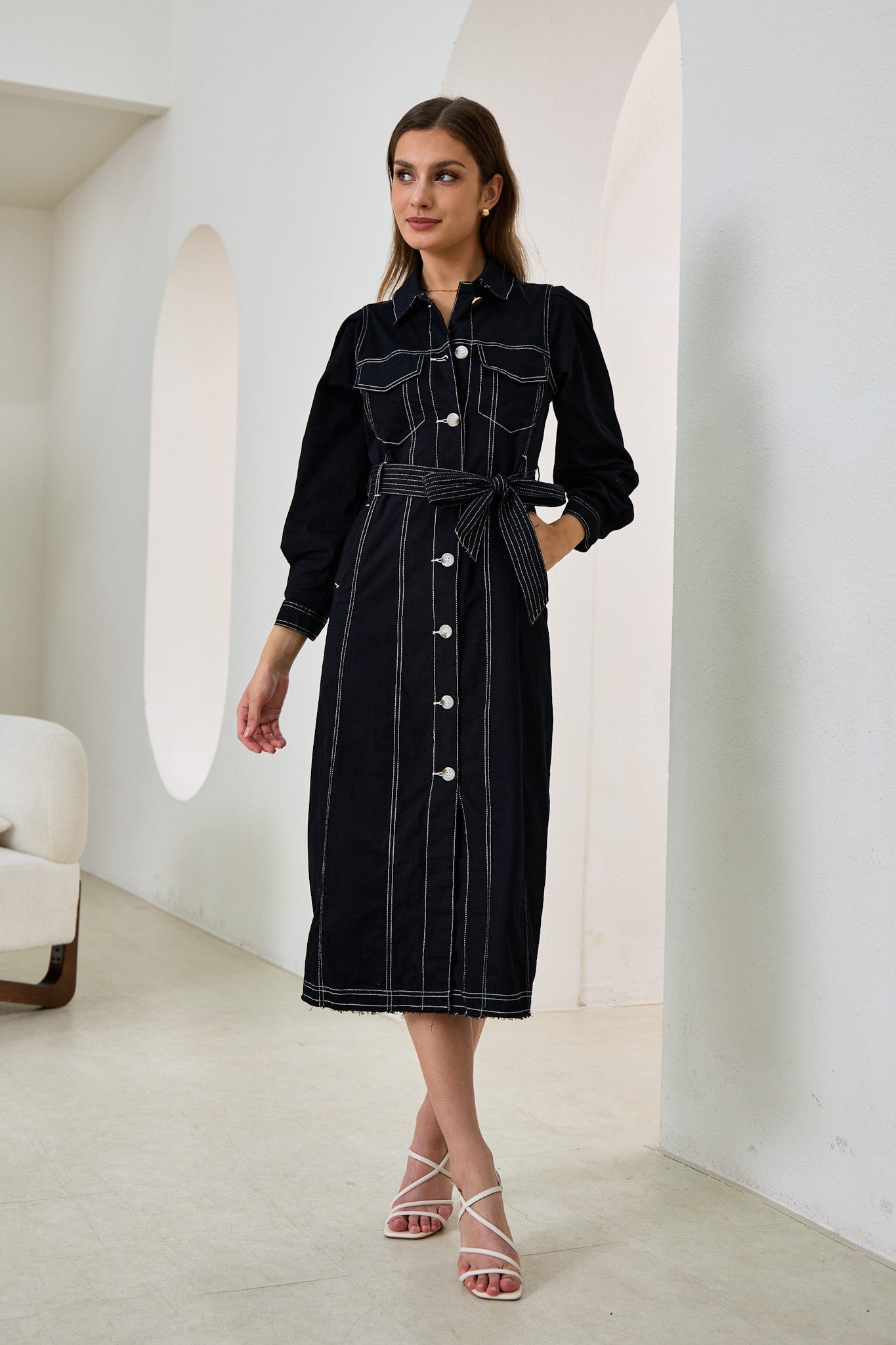Cleo Black Button Down Belted Midi Dress