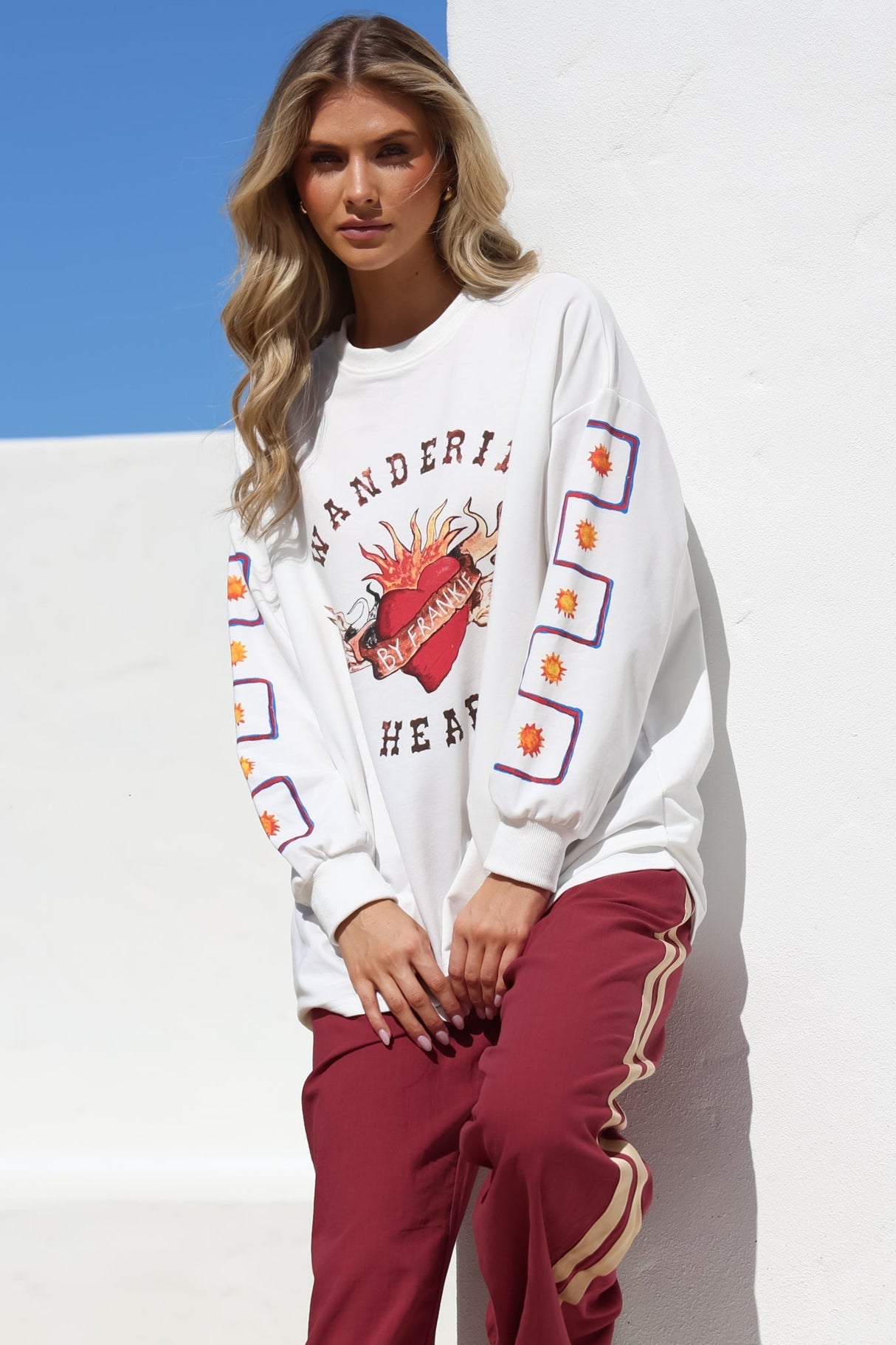 Wandering Heart Set - Graphic Long Sleeve Top And Pants With Stripe Accent In Red