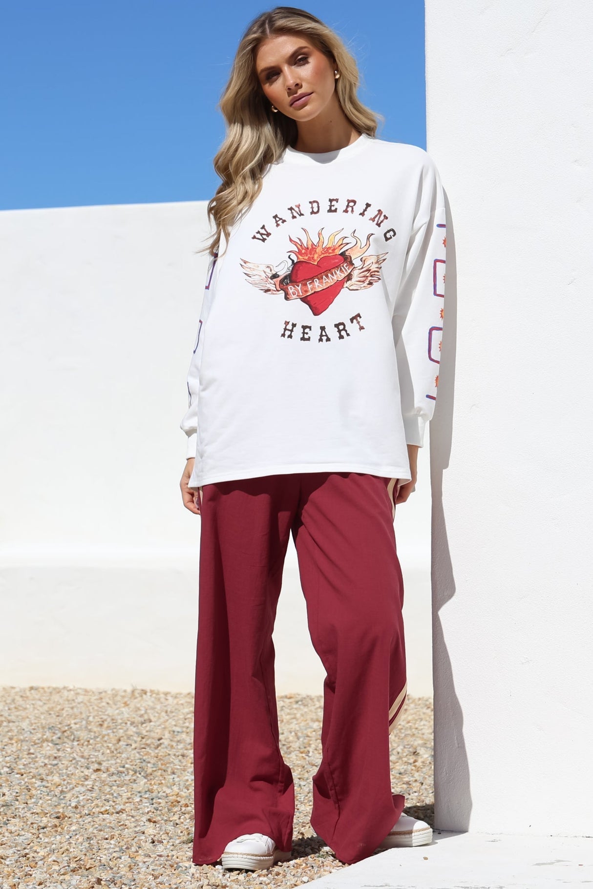 Wandering Heart Set - Graphic Long Sleeve Top And Pants With Stripe Accent In Red