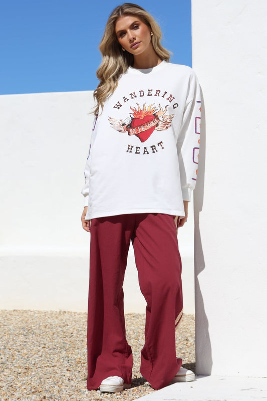 Wandering Heart Set - Graphic Long Sleeve Top And Pants With Stripe Accent In Red