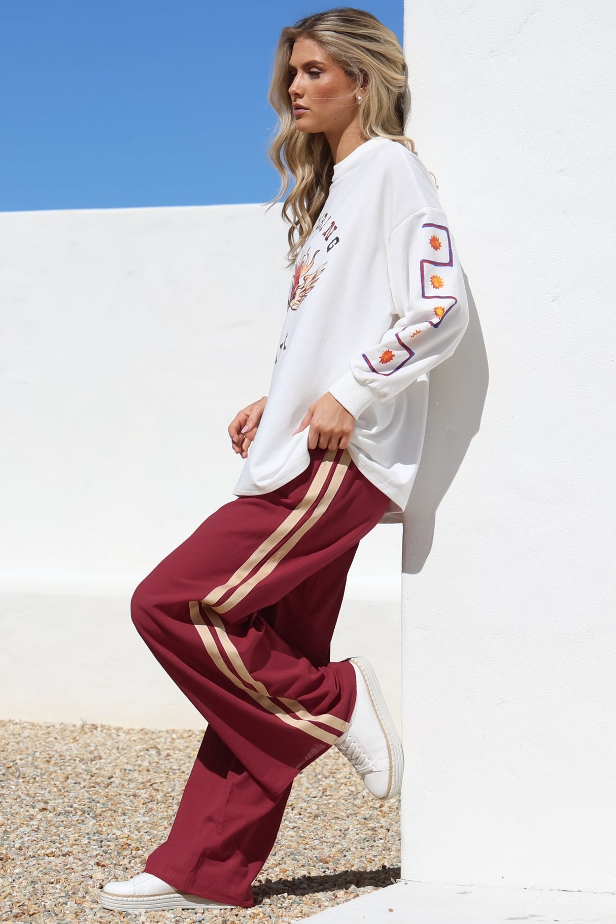 Wandering Heart Set - Graphic Long Sleeve Top And Pants With Stripe Accent In Red