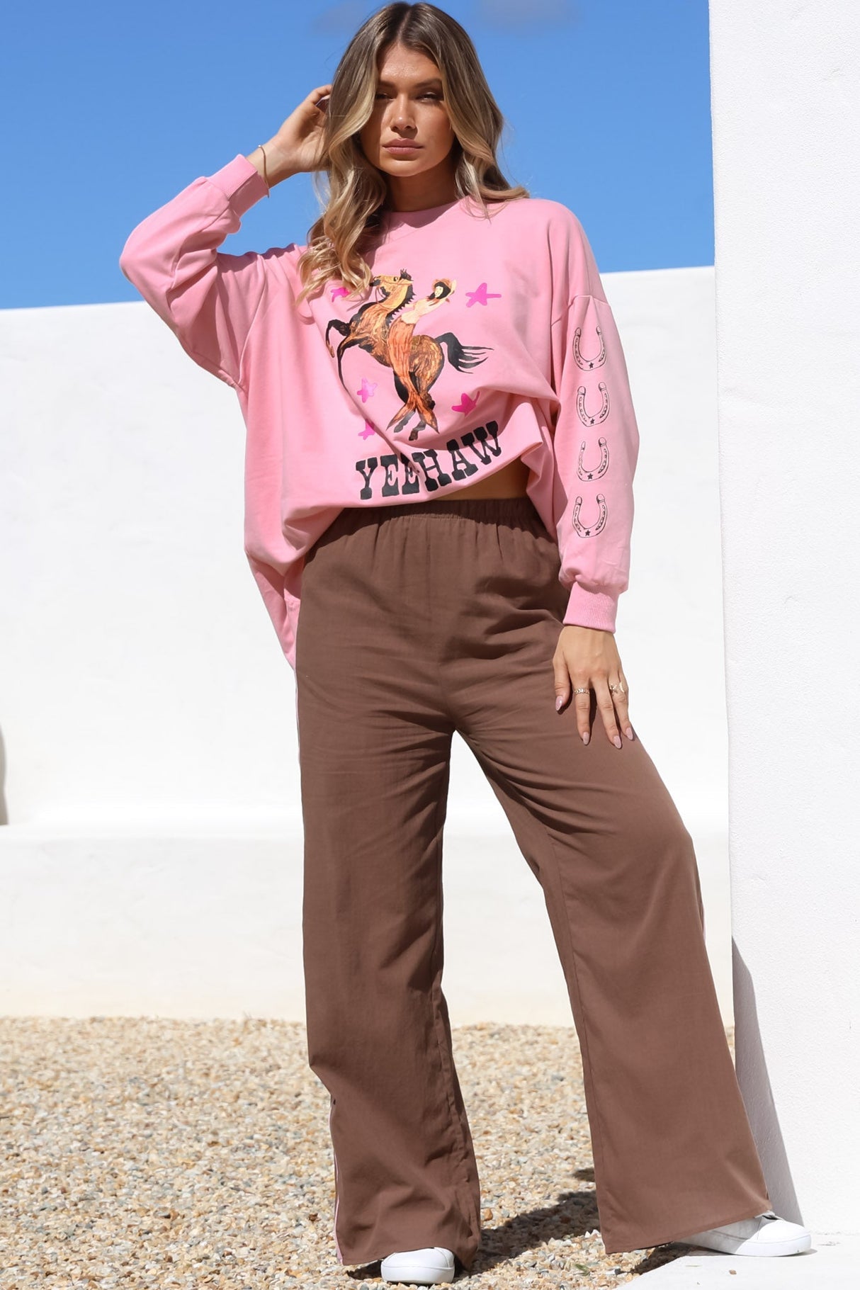 Yee-Haw Set - Graphic Long Sleeve Top And Pants With Stripe Accent In Pink