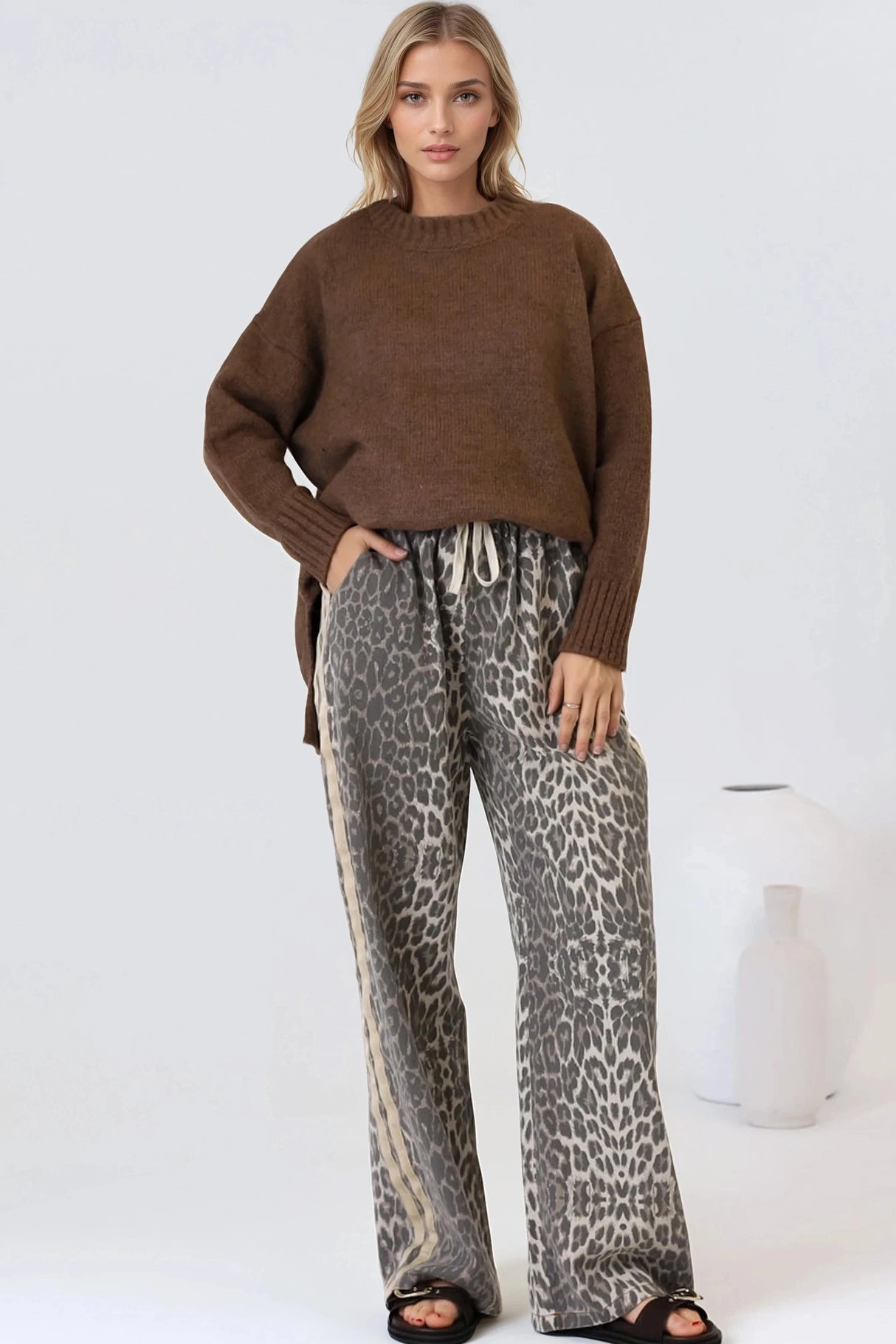 Zayne Pants - High Waisted Wide Leg Pants With Double Side Strip In Leopard Print
