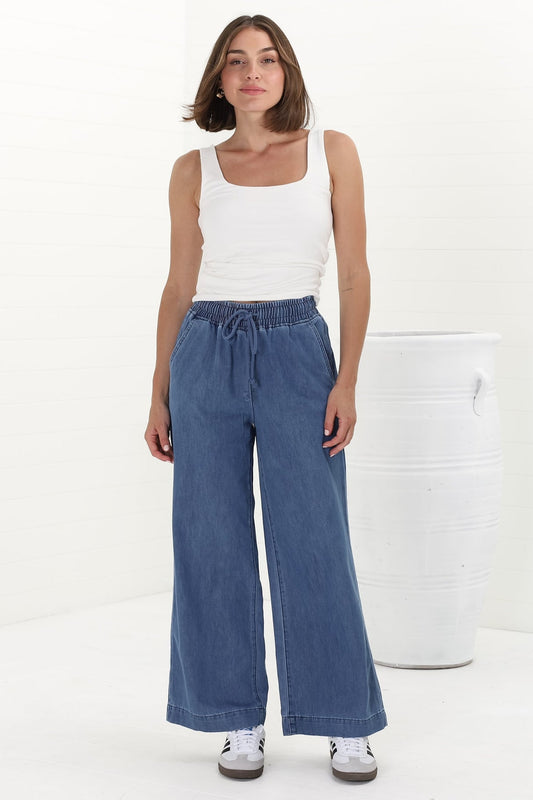 Zeke Jeans - Elasticated Waist Wide Leg Jeans In Medium Wash Denim