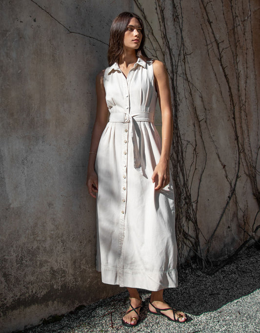 Crescent Denim Sleeveless Midi Shirt Dress - Ecru