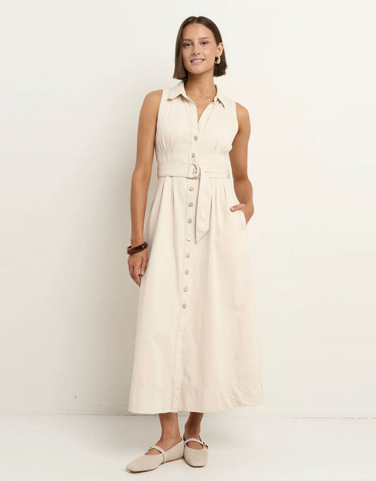 Crescent Denim Sleeveless Midi Shirt Dress - Ecru