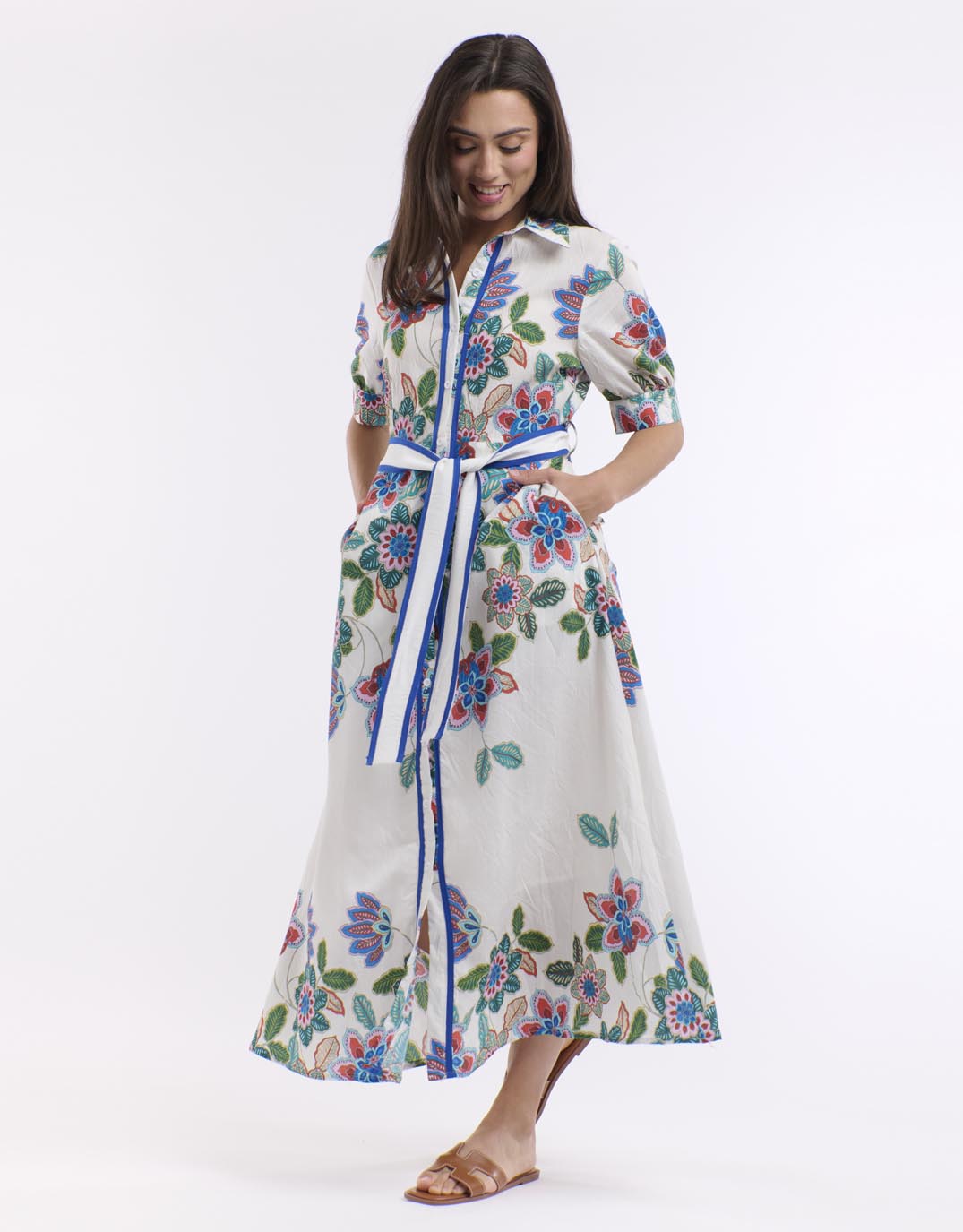 Mykonos Short Sleeve Dress - White/Blue Print
