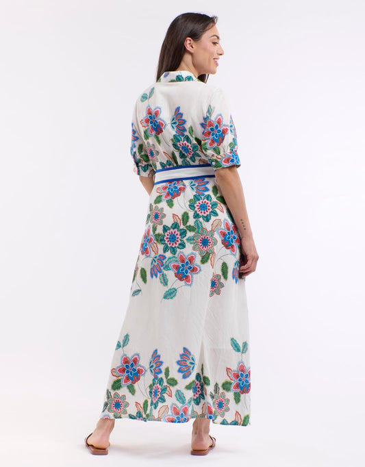 Mykonos Short Sleeve Dress - White/Blue Print