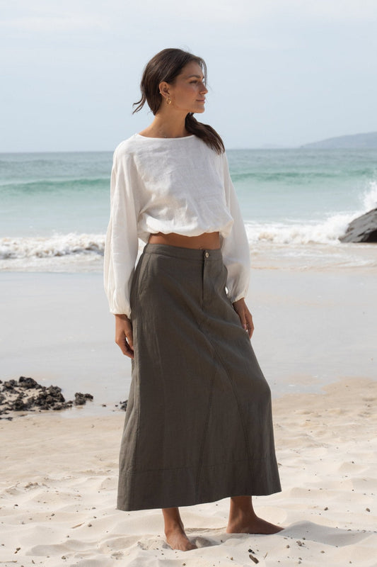 Gia Khaki Linen Skirt